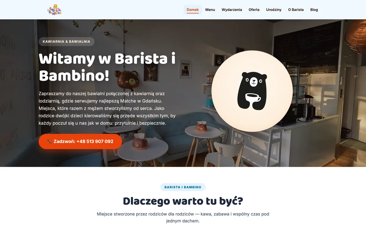 Zrzut strony internetowej Barista i Bambino wykonanej przez Strefę Wizerunku