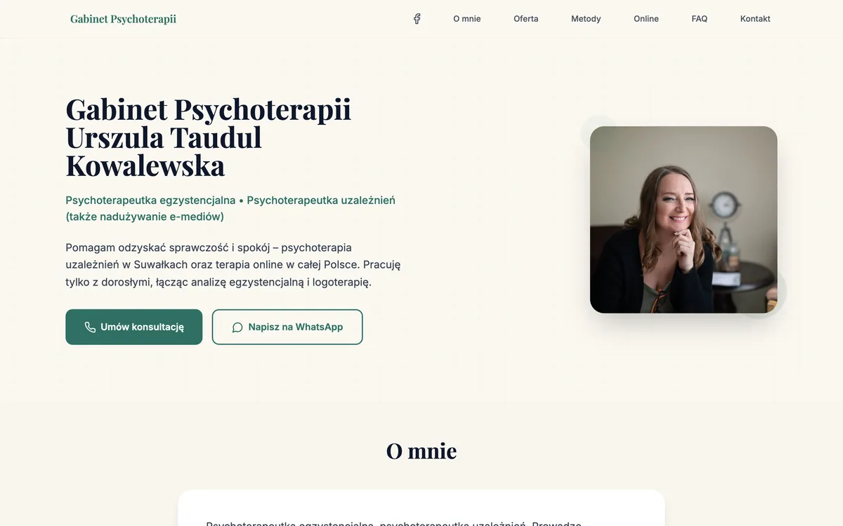 Zrzut strony internetowej Psychoterapia Urszula wykonanej przez Strefę Wizerunku