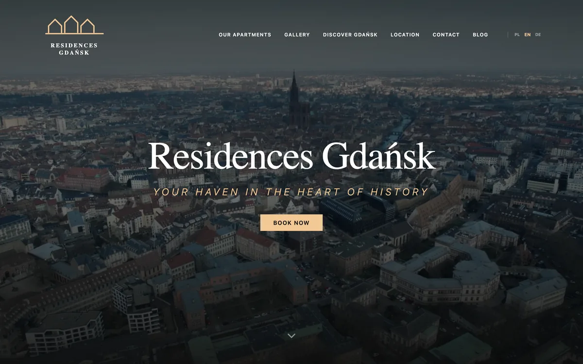 Zrzut strony internetowej Residences Gdańsk wykonanej przez Strefę Wizerunku